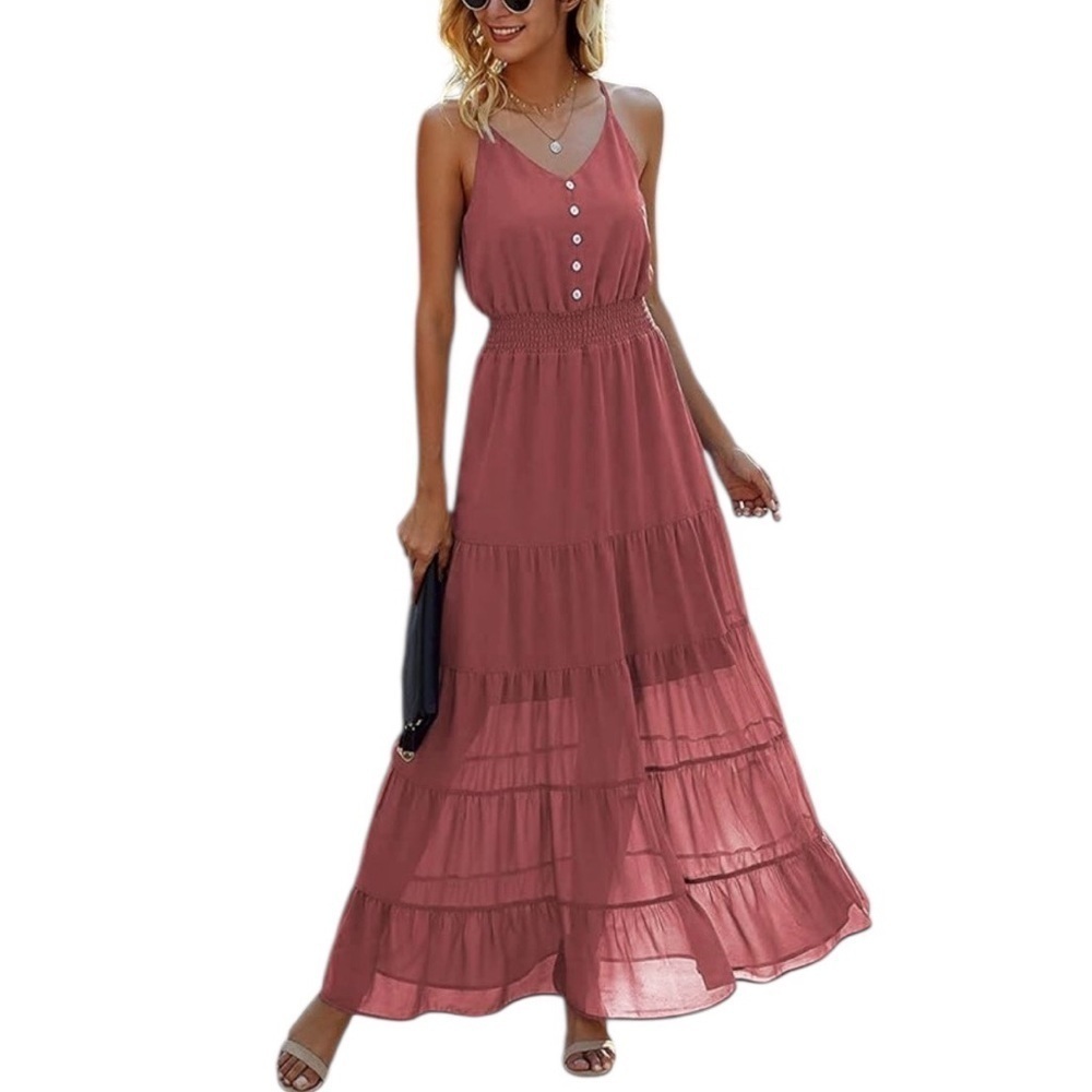 PrettyGarden Tiered Brick Red Maxi Dress Small Cottagecore Prairie Sundress